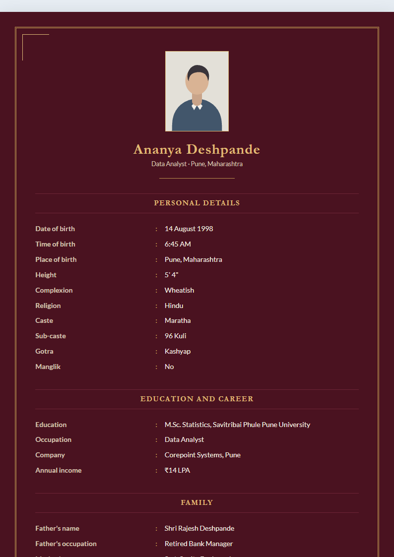 Royal Maroon marriage biodata format