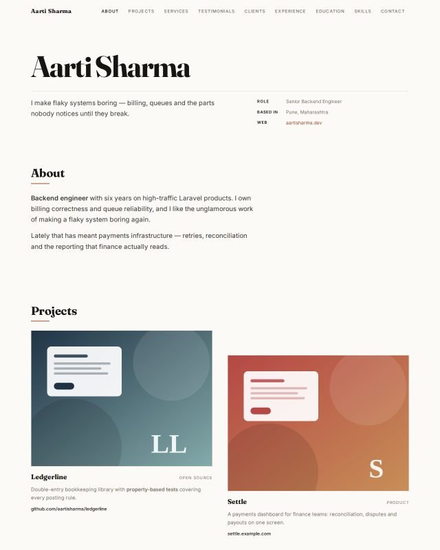 Atelier portfolio design, filled with a sample profile