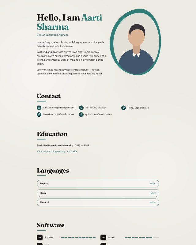 Aurora portfolio design, filled with a sample profile