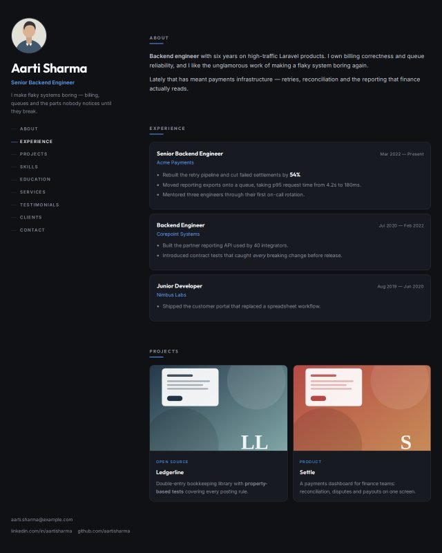 Beacon portfolio design, filled with a sample profile