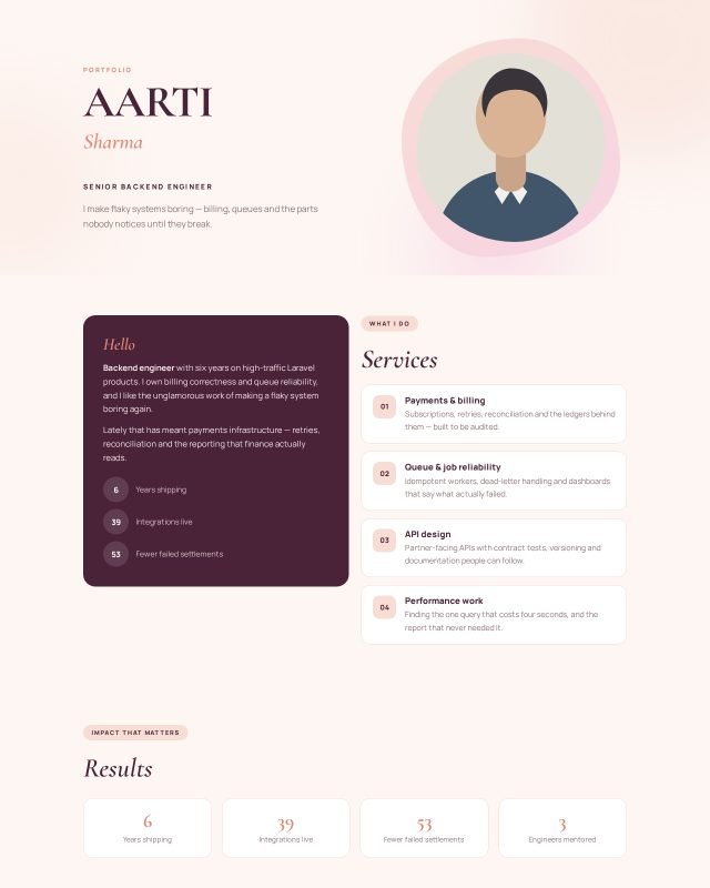 Blush portfolio design, filled with a sample profile