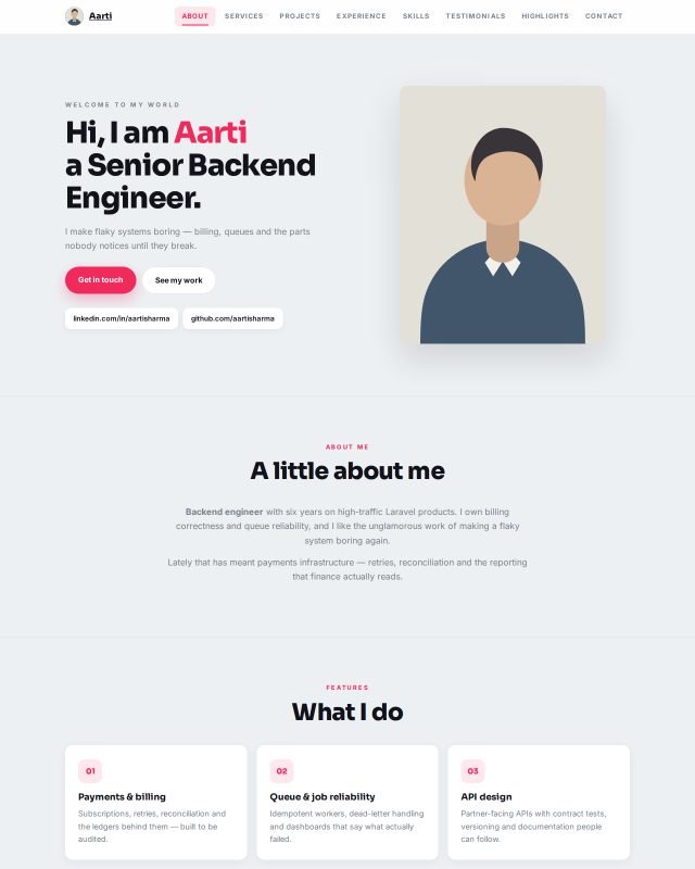 Crisp portfolio design, filled with a sample profile