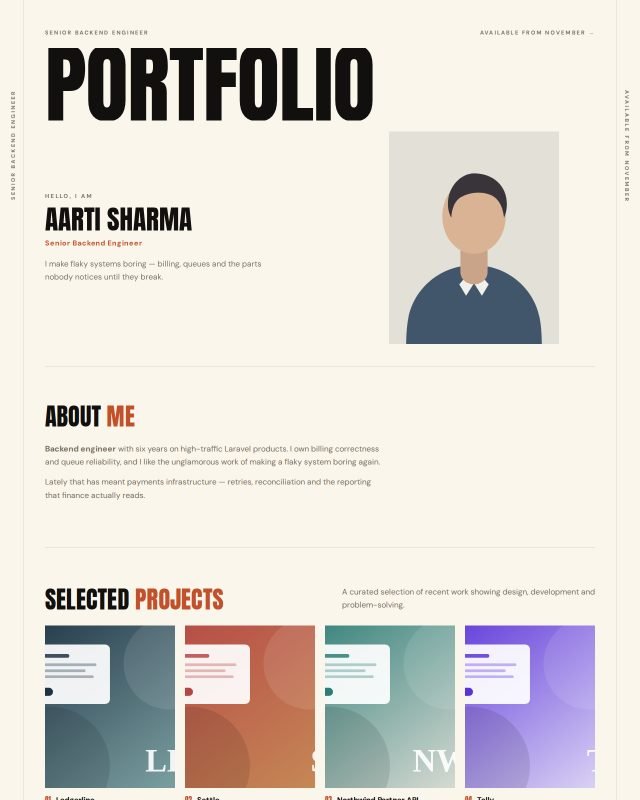 Editorial portfolio design, filled with a sample profile