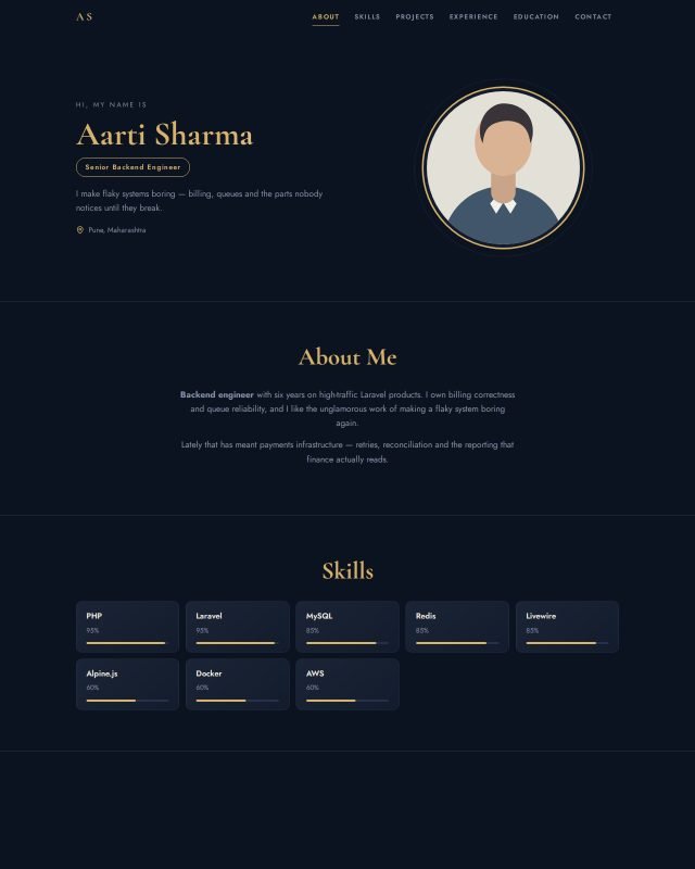 Midnight portfolio design, filled with a sample profile
