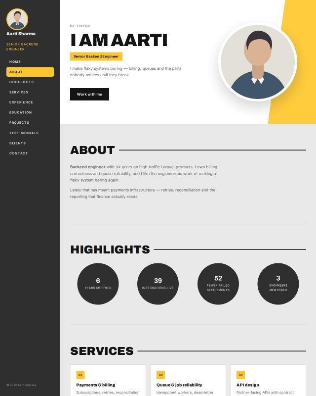 Sunbeam portfolio design, filled with a sample profile